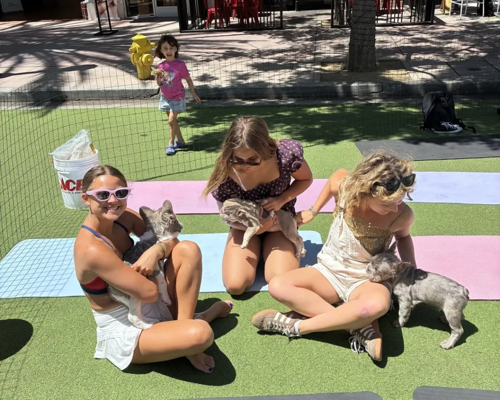 Friends relaxing on the plaza turf